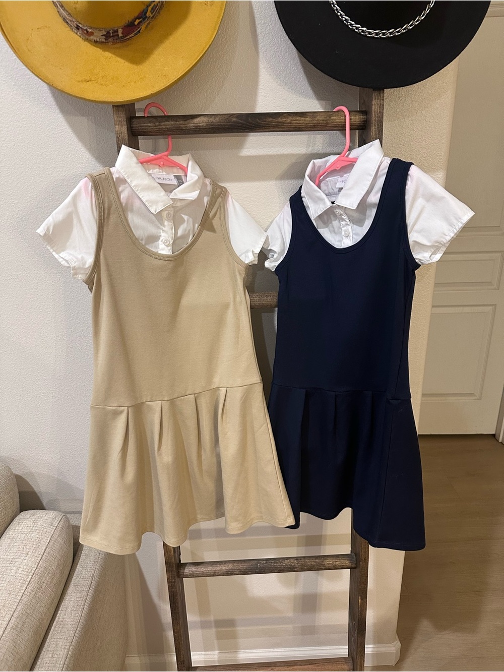 Childrenโs Place Navy Blue & Khaki Girls Collard Uniform Dresses